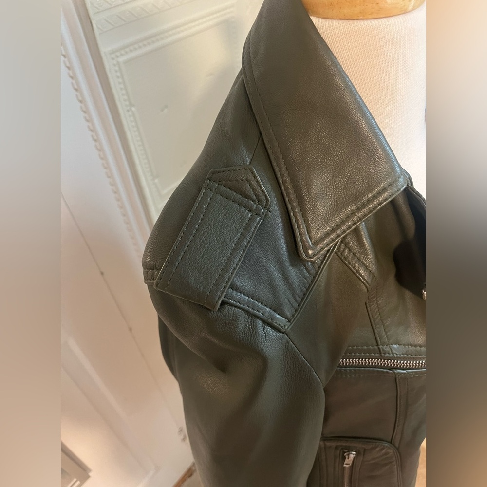 Vintage Forest Green Genuine Leather Moto Jacket Carrie Horton Size 14 - Picture 4 of 15